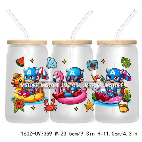 Hero Cartoon Summer Vacation 16OZ UV DTF Cup Wrap Transfers Stickers Custom Labels Durable Waterproof Logo For Libbey Glass Can