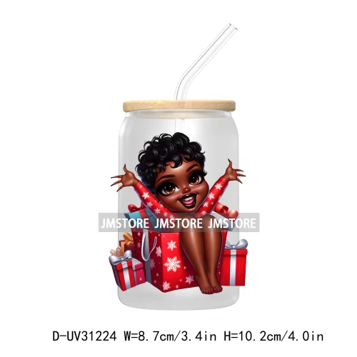 Afro Woman Nails Hip Pop Santa UV DTF Transfer Stickers Decals For Libbey Cold Cups Mugs Tumbler Just A Girl Who Loves Christmas