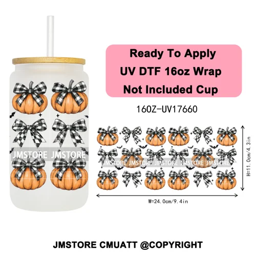 Halloween Fall Autumn Pumpkins Coquette Leopard Bow UV DTF Cup Wrap 16OZ Ready To Apply Transfer Stickers For Libbey Glass Can