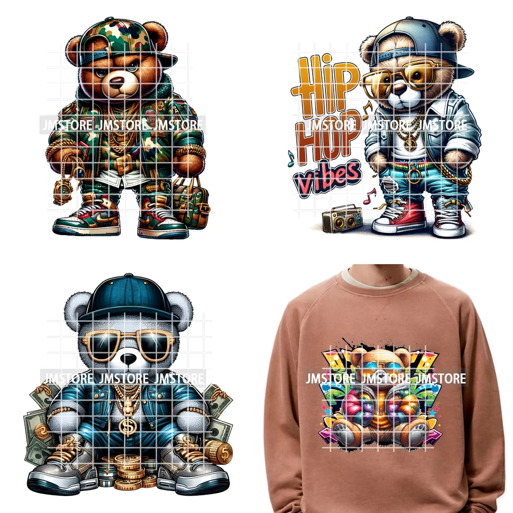 12in Hip Hop Vibes Urban Style Rich Bear With Gold Chains King Animal Iron on DTF Transfers Stickers Ready to Press for Textile