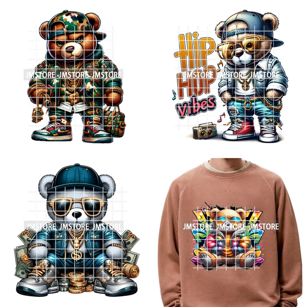 12in Hip Hop Vibes Urban Style Rich Bear With Gold Chains King Animal Iron on DTF Transfers Stickers Ready to Press for Textile