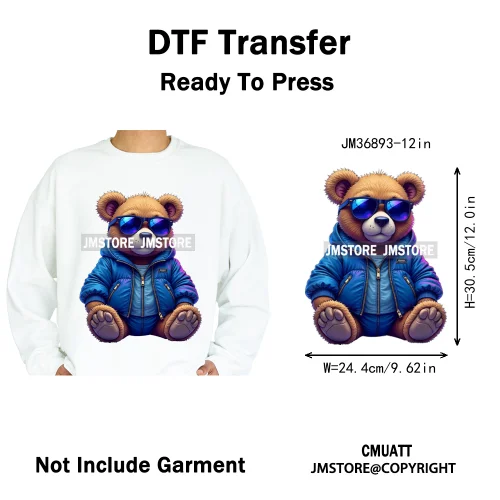 12in Colorful Graffiti Urban Stree Vibes Fearless Gangster Bear Washable Iron on DTF Transfer Sticker Ready to Press for Clothes