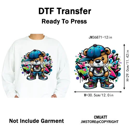 12in Colorful Graffiti Urban Stree Vibes Fearless Gangster Bear Washable Iron on DTF Transfer Sticker Ready to Press for Clothes