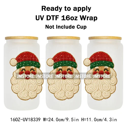 Faux Yarn Christmas Characters UV DTF Cup Wrap Ready To Apply Transfer Stickers Durable 16OZ Tumbler Wraps For Libbey Glass Can