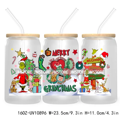 Retro Christmas Mean Guy UV DTF Cup Wrap For Libbey Glass Can Transfer Stickers Waterproof Custom Labels Merry Greenmas Xmas