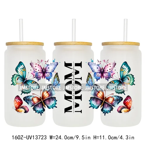 Strong Mom Butterfly Floral Mother's Day 16OZ UV DTF Cup Wraps Ready To Apply Waterproof Transfer Stickers For Libbey Glass Can