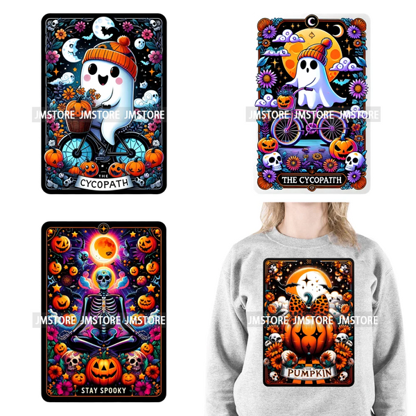 Custom Spooky Season Ghost Cycopath Skull Halloween Tarot Card DTF Iron On Heat Press Transfer Stickers Printing For Hoodies