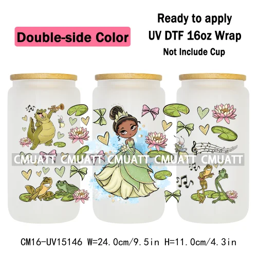 Double Sided Color UV DTF Cup Wraps 16OZ Bulk Waterproof Wholesale Custom Cartoon Cute Princess Mug Glass Water Bottles Sticker