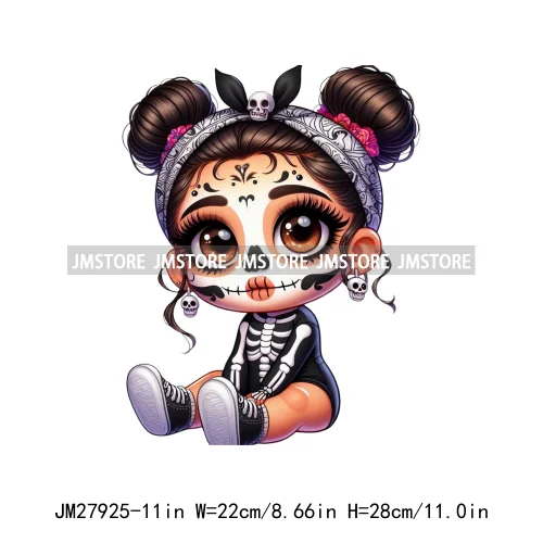 Halloween Skeleton Latina Baby Chibi Hispanic Girls Spooky Season DTF Iron On Transfers Stickers Ready To Press For Clothing