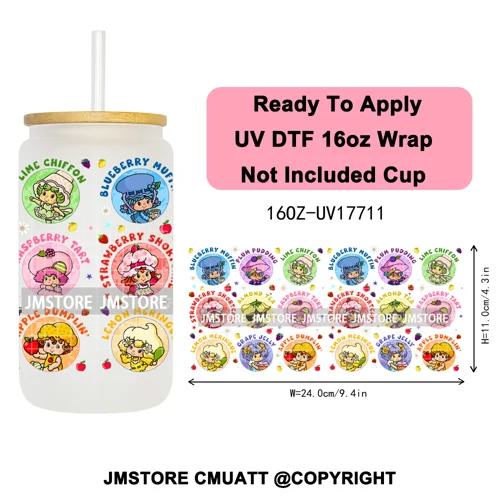 90s Cartoon Strawberry Characters Coquette Bow 16OZ UV DTF Cup Wraps Ready To Apply Transfer Stickers For Libbey Glass Can Mugs