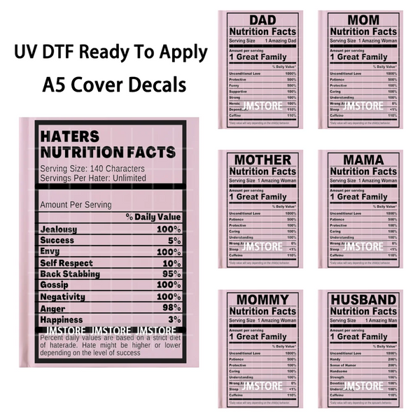 Black Mom Dad Family Nutrition Facts A5 Notebook UV DTF Wrap Ready To Apply Waterproof Transfer Sticker Decals For Journal Cover