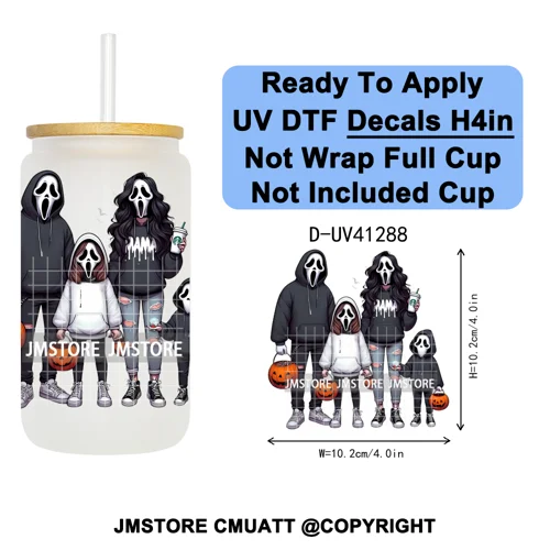 Family Halloween Horror Mama UV DTF Transfer Stickers Decals Ready To Apply Waterproof For 16OZ Libbey Glass Can Cups Tumbler