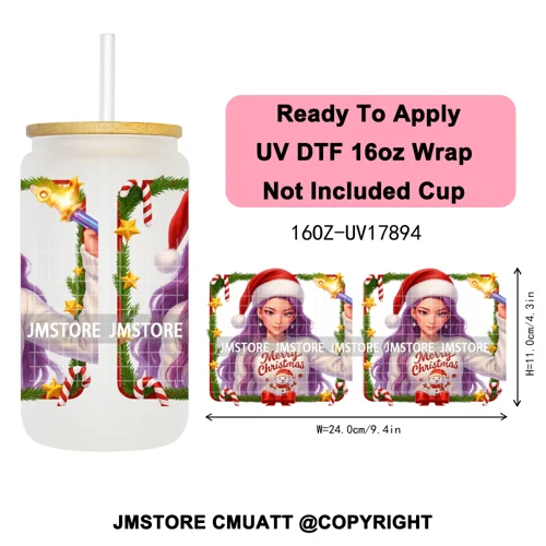 Merry Christmas Kpop Movie Character Anime Girl UV DTF Stickers Ready To Apply Cup Wrap High Quality For 16OZ Libbey Can Glass