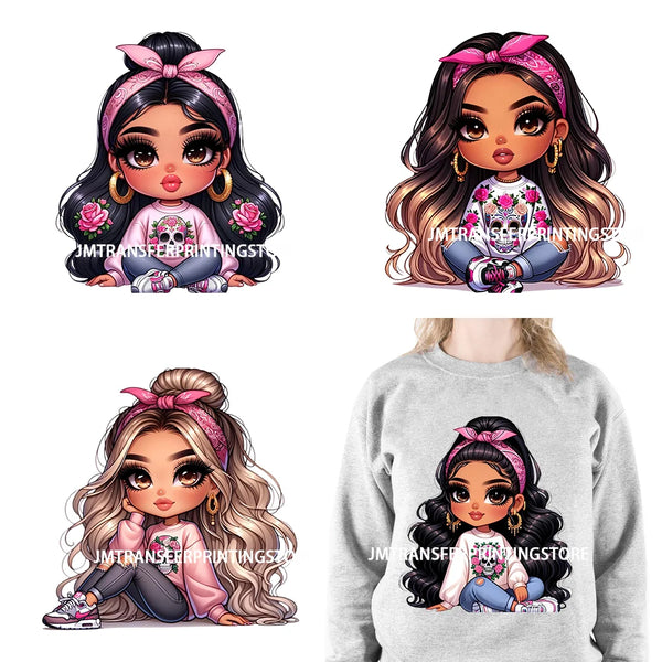 Pink Bow Long Hair Chibi Cute Chicana Doll Girls With Earing Washable Iron On DTF Transfers Stickers Designs For Sweatshirt