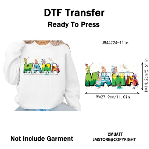 Cartoon Mama Princess Happy Mother's Day Family Vacation Iron on Washable DTF Heat Transfers Stickers Ready to Press for Hoodies