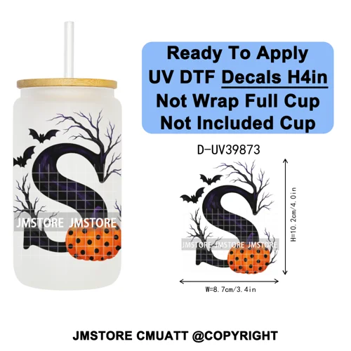 Polka Dot Pumpkin Halloween Letter Coquette UV DTF Decals Ready To Apply Waterproof Transfer Stickers For 16OZ Libbey Glass Can