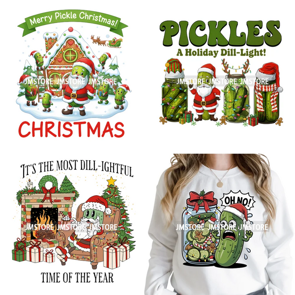 Merry Pickles Christmas Xmas Cucumber Holiday Santa Iron on Washable DTF Heat Transfer Stickers Ready to Press for T-shirts Bags