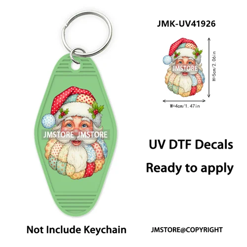 Holly Jolly Christmas Patchwork Santa UV DTF Motel Keychain Decal Ready To Ship Durable Transfer Stickers For Hotel Keychain
