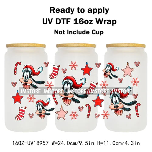 Festive Mouse Christmas Candy Cane 16OZ UV DTF Cup Wraps Ready To Apply Waterproof Transfer Stickers For Libbey Glass Can Bottle