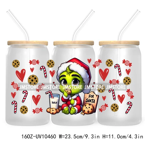 Cute Baby Green Character Christmas Season 16OZ UV Cup Wrap DTF Transfer Stickers For Libbey Glass Can Cups Tumbler Coquette Bow