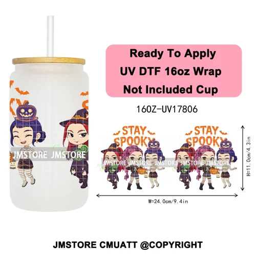 Kpop Halloween Spooky Ghosts Anime Lover 16OZ UV DTF Cup Wraps Ready To Apply Waterproof Transfer Stickers For Libbey Glass Can