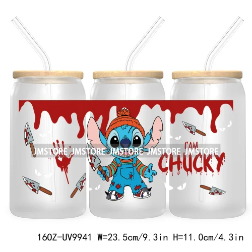 Friends Horror Characters 16OZ UV Cup Wrap DTF Transfer Stickers For Libbey Glass Can Cups Tumbler Happy Horror Movie Killers