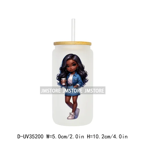 Fashion Black Chibi Denim Girl UV DTF Transfer Stickers Decals Ready To Apply Waterproof For 16OZ Libbey Glass Can Cup Tumbler