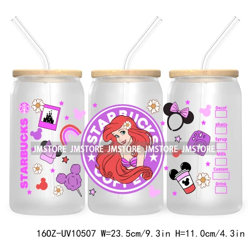 Cartoon Princess Floral Flowers 16OZ UV DTF Cup Wrap Transfer Stickers Custom Labels Waterproof For Libbey Glass Can Best Friend