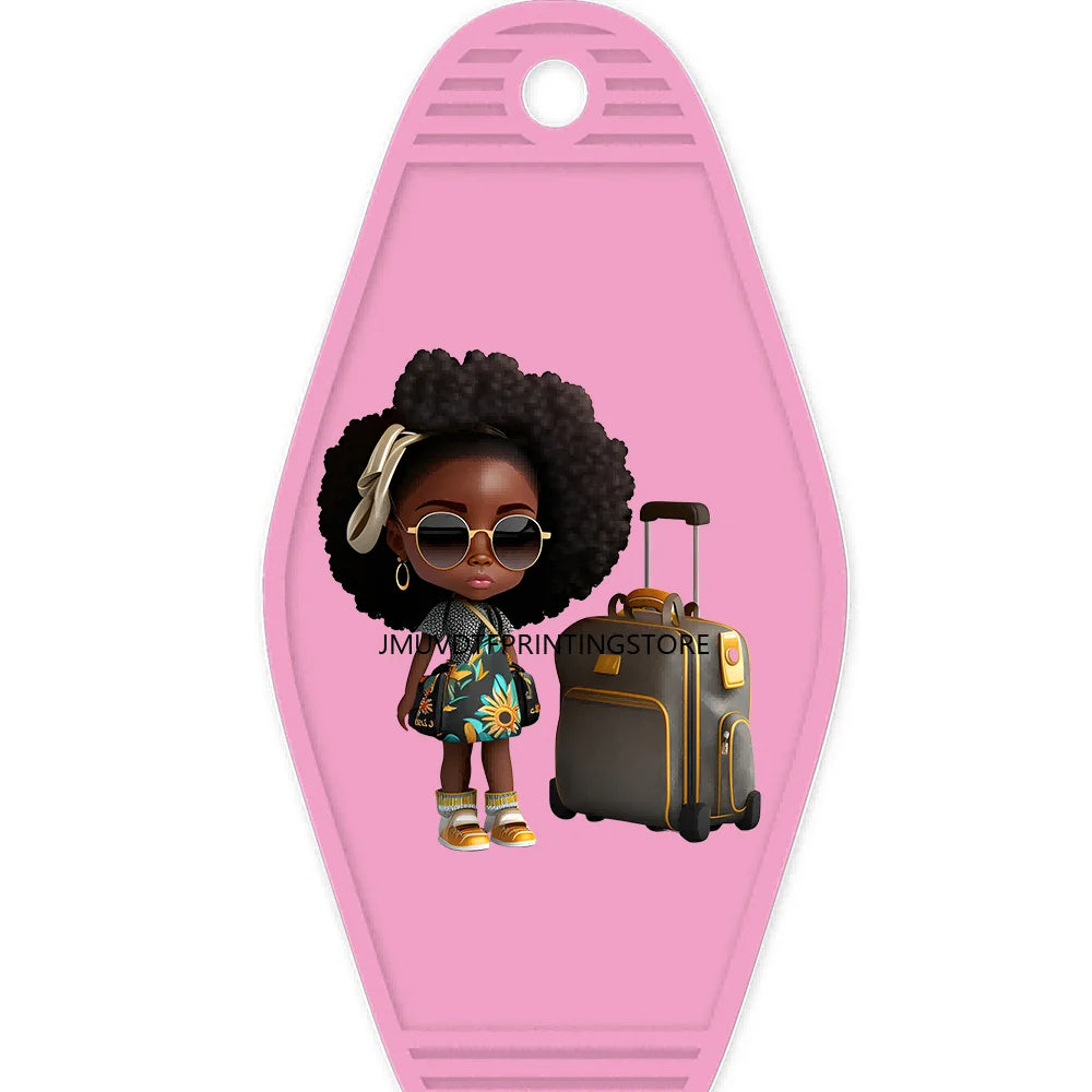 School Melanin Black Girls With Luggage High Quality WaterProof UV DTF Sticker For Motel Hotel Keychain Afro Children