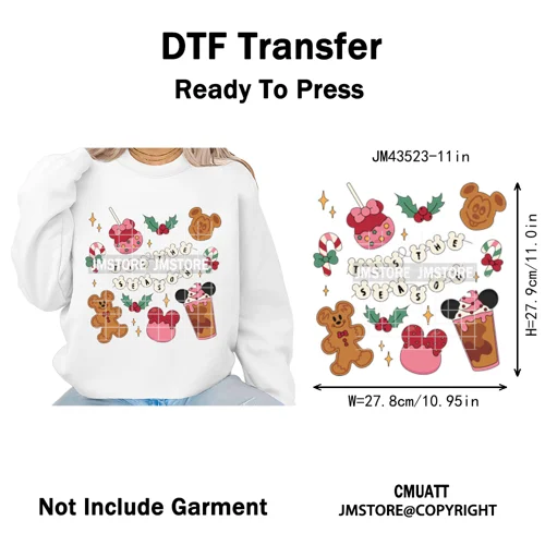 Girly Coquette Merry Christmas Ginger Cartoon Cozy Jolly Season Iron on DTF Heat Transfers Stickers Ready to Press for Clothing