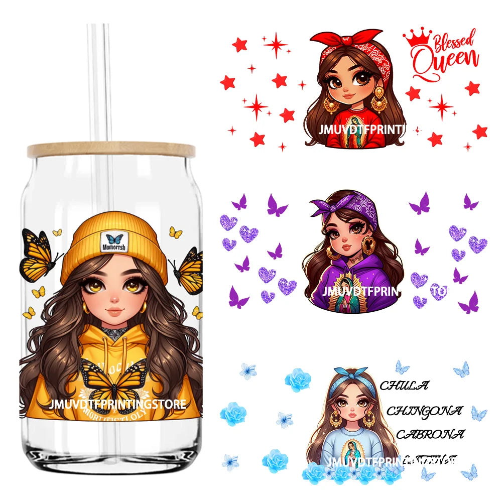 Cool Queen Girl Chingona Latina Mexico UV DTF Sticker For 16OZ Libbey Glass Cup Can Wrap Transfer Sticker Custom Labels DIY Logo