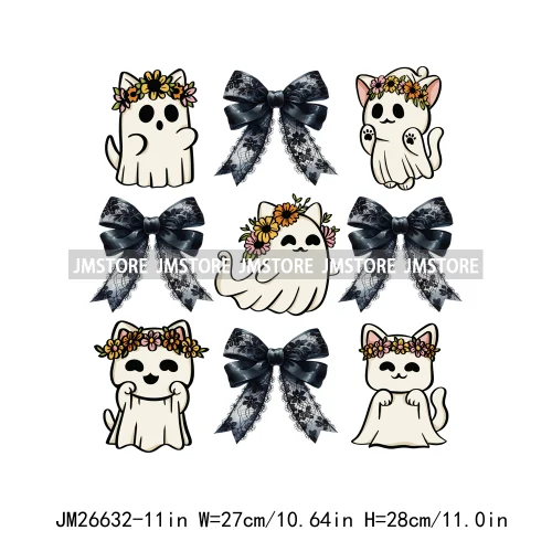 Colorful Halloween Spooky Season Cute Ghost Pumpkin Girly Coquette Bow DTF Iron On Transfers Stickers Ready To Press For T-shirt