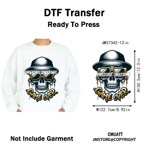 12in Colorful Graffiti Streetwear Skeleton Game Over Iron on DTF Thermal Transfers Stickers Printing Ready to Press for T-shirts