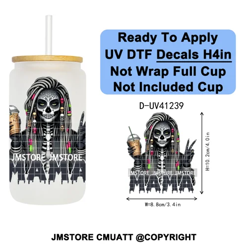 Spooky Mama Skullface Halloween UV DTF Decals Ready To Apply Waterproof Transfer Stickers DIY Crafts For 16OZ Libbey Glass Can