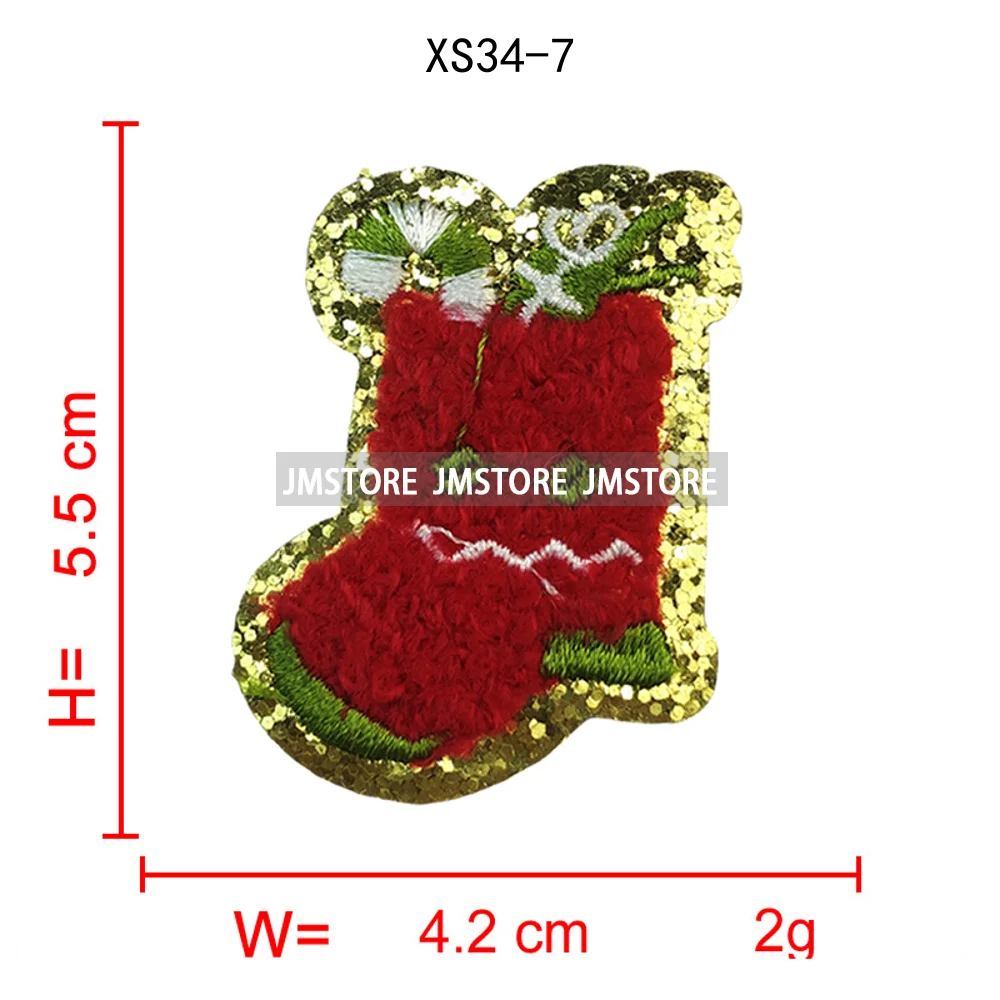 Cute Santa Claus Socks Snowman Merry Christmas Winter Vibes Glitter Sequin Iron on Embroidered Chenille Patches for Hoodies