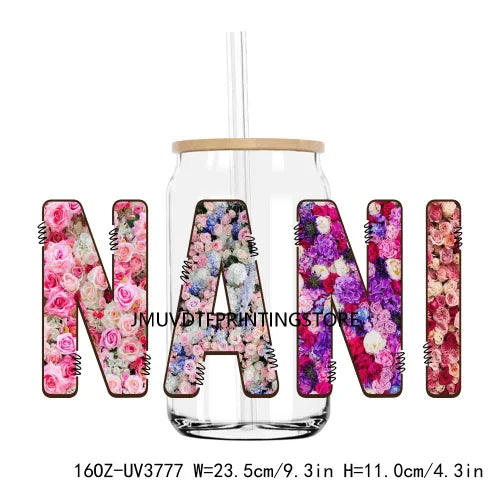 Flower Family Mama Nana UV DTF Sticker For 16OZ Libbey Glass Cup Can Wrap Transfer Sticker Custom Labels DIY Logo Dogmom