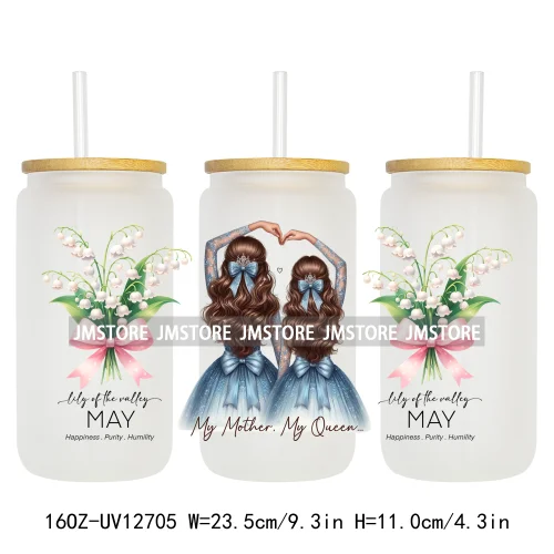 Floral Mama Coquette Mother's Day Birth Month Flower 16OZ UV DTF Cup Wrap Transfer Stickers Waterproof Logo For Libbey Glass Can