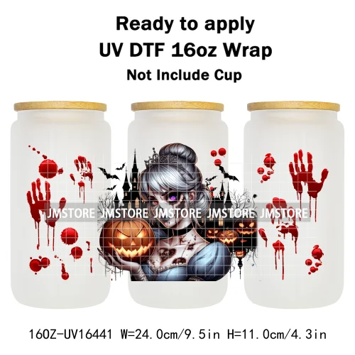 Halloween Witch Princess Bat Pumpkin UV DTF Wraps Transfer Stickers Waterproof High Quality For 16OZ Libbey Glass Can Tumbler