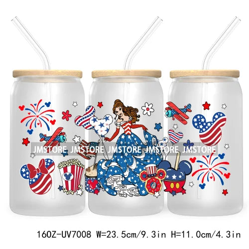 Happy 4TH Of July Cartoon Bear Friends 16OZ UV DTF Cup Wrap Transfer Stickers For Libbey Glass Can Cups Tumbler Waterproof Craft