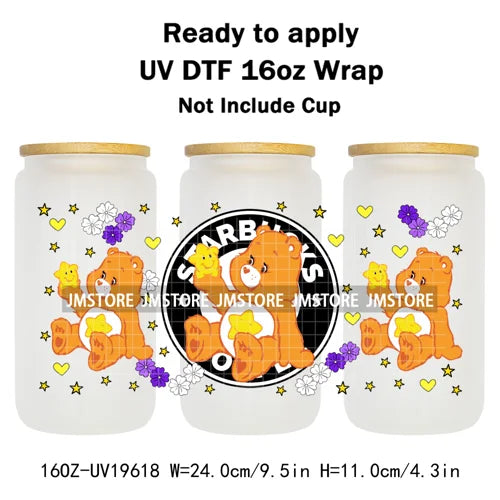 Cheerful Floral Hearts Cartoon Bears Clipart UV DTF Transfer Stickers Cup Tumbler Wrap For 16OZ Libbey Glass Bottle Cup Wraps