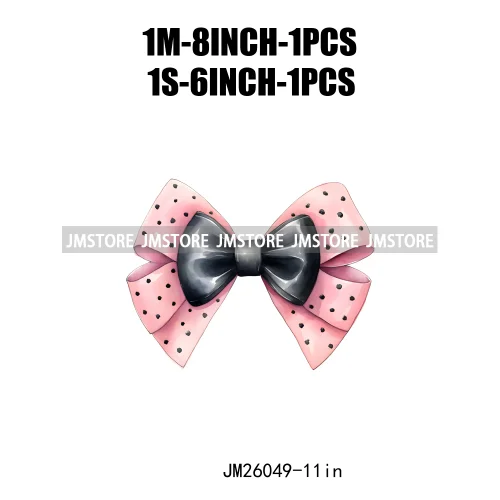 Trendy New Girl Pink Black Polka Dots Ribbons Coquette Bows Washable DTF Iron On Transfer Stickers Ready To Press For Clothing