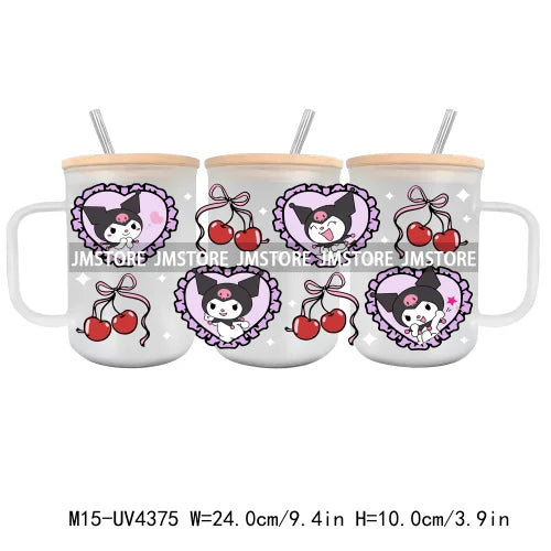 Cartoon Movie Characters UV DTF Glass Can Wrap For 15OZ Mug Glass Cup Transfer Stickers DIY Custom Logo Labels Funny Pink Cat