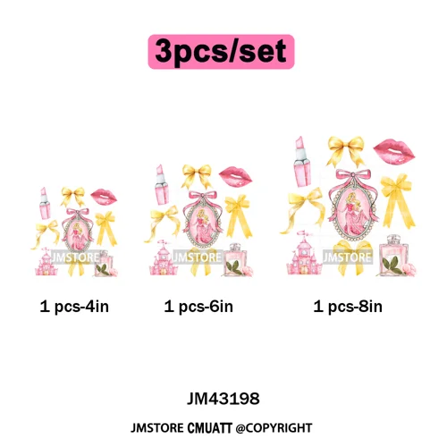 Colorful Girly Coquette Cartoon Princess Family Trip Iron on Washable DTF Heat Transfers Stickers Ready to Press for Clothing