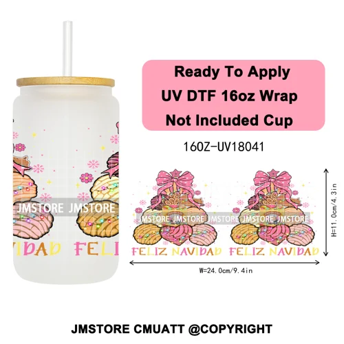 Feliz Navidad Christmas Mexican Food UV DTF Stickers Ready To Apply Cup Wrap High Quality Waterproof For 16OZ Libbey Can Glass
