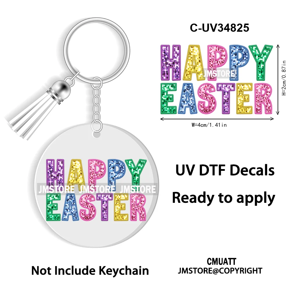 Faux Sequin Glitter Happy Easter Bow Retro Easter Bunny Blowing Bubble UV DTF Stickers for Round Circle Acrylic Keychain Keyring