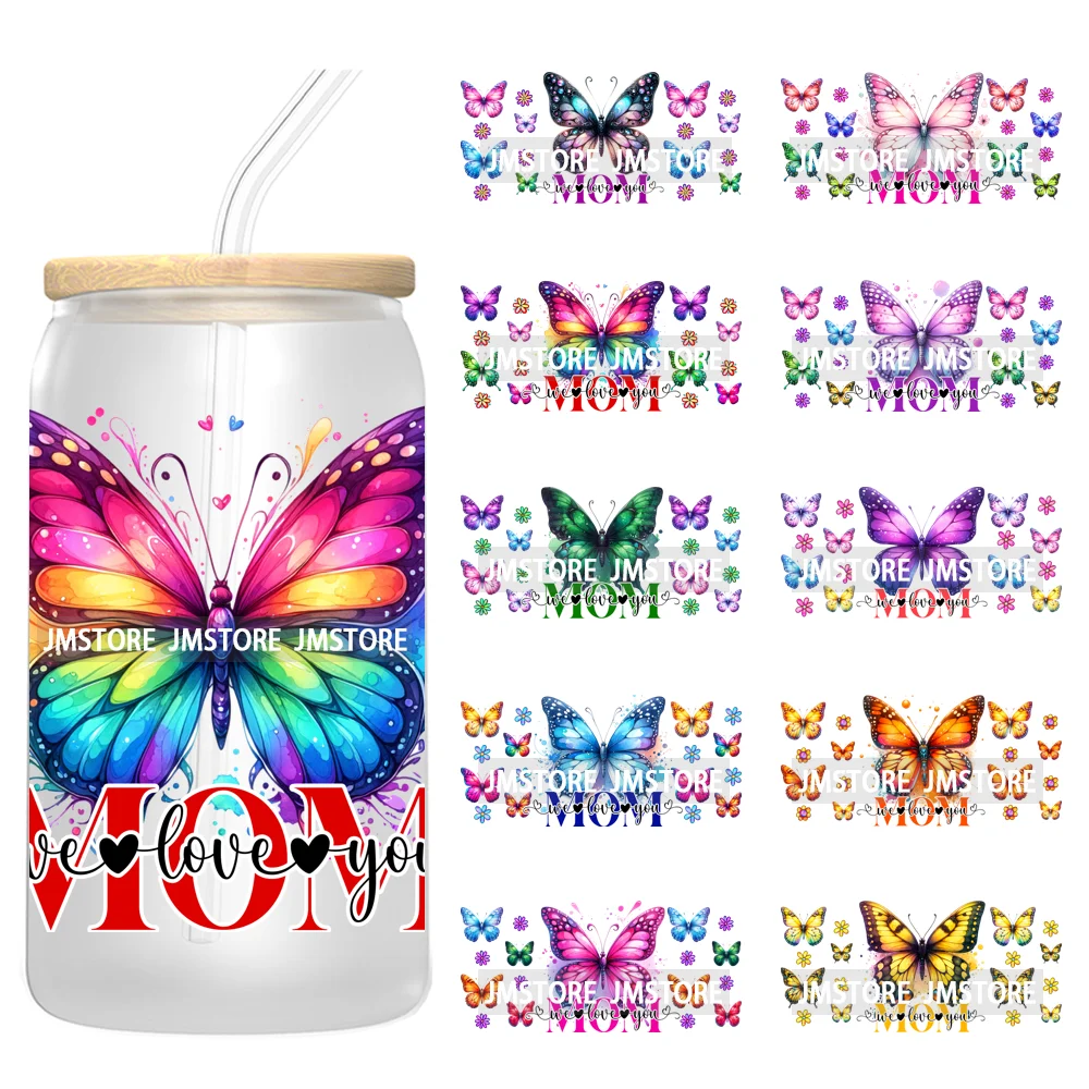 We Love You Mom Butterfly Flowers Mother's Day UV DTF Sticker For 16OZ Libbey Glass Cup Can Wrap Transfer Stickers Custom Labels