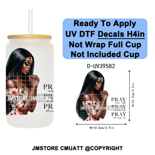 Fashion Girl Praying Black Women UV DTF Decals Ready To Apply Waterproof Transfer Stickers DIY Crafts For 16OZ Libbey Glass Can