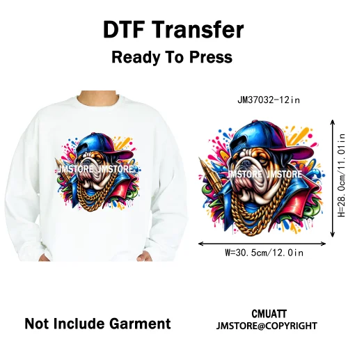 12in Streetwear Vibes Rich Cool Cartoon Bulldog King Designs Washable Iron on DTF Transfers Stickers Ready to Press for Clothes