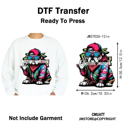 12in Streetwear Vibes Rich Cool Cartoon Bulldog King Designs Washable Iron on DTF Transfers Stickers Ready to Press for Clothes