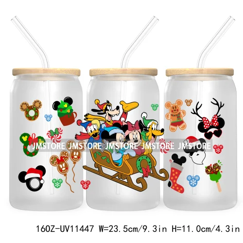 Merry Christmas Cartoon Couple 16OZ UV DTF Cup Wrap Ready To Apply For Libbey Glass Can Cup Tumbler Gingerbread Candy Cane Mouse